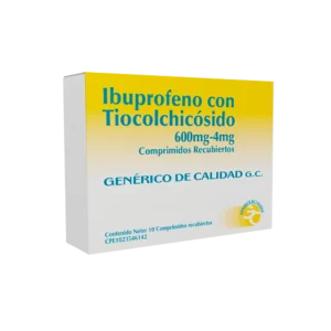 Ibuprofeno 600 mg con Tiocolchicósido 4 mg Comprimidos Recubiertos, caja de medicamento combinado para el alivio del dolor musculoesquelético agudo, dolor de espalda y contracturas asociadas a inflamación.