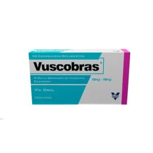 Vuscobras 10 mg - 10 mg Comprimidos Recubiertos (Hioscina y Oxazepam), medicamento combinado para el tratamiento de espasmos gastrointestinales, cólicos y dolor abdominal asociado a tensión nerviosa y ansiedad.