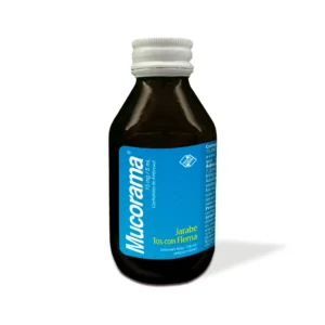 Mucorama 15 mg/5 mL Jarabe (Clorhidrato de Ambroxol), frasco de medicamento mucolítico para fluidificar las secreciones respiratorias y ayudar a la expectoración en casos de bronquitis o resfriados con flema.