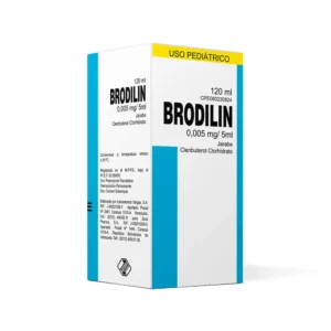 Brodilin 0,014 mg/mL Solución Oral en Gotas (Clorhidrato de Clenbuterol), frasco de broncodilatador para el tratamiento de enfermedades respiratorias como el asma y la bronquitis, especialmente formulado para niños.
