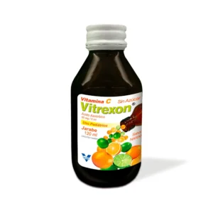 Vitrexon 50 mg/5 mL Jarabe Pediátrico (Vitamina C o Ácido Ascórbico), frasco de suplemento vitamínico para el refuerzo del sistema inmunológico, prevención del escorbuto y como antioxidante en niños.