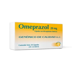 Omeprazol 20 mg Cápsulas con Microgránulos de Cubierta Entérica, caja de IBP para el tratamiento de la acidez estomacal, reflujo gastroesofágico, úlceras pépticas y esofagitis erosiva.