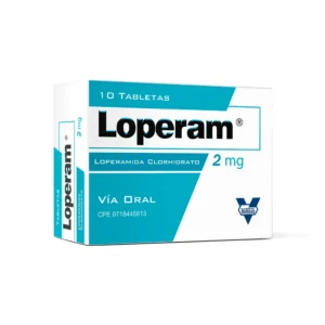 Loperam 2 mg Tabletas (Clorhidrato de Loperamida), caja de medicamento antidiarreico para el control de la diarrea aguda y crónica en adultos y adolescentes.