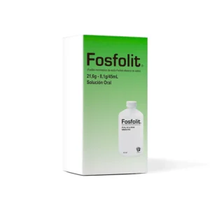 Fosfolit 21,6g - 8,1g / 45mL Solución Oral (Fosfato de Sodio), envase de laxante salino para la limpieza y preparación del colon antes de procedimientos médicos como colonoscopias o cirugías.