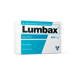 Lumbax 800 mg Comprimidos Recubiertos (Ibuprofeno), caja de AINE de dosis máxima para el tratamiento del dolor severo, inflamación intensa, dolor postraumático o en casos de artritis.