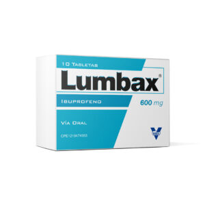Lumbax 600 mg Tabletas (Ibuprofeno), caja de AINE de dosis alta para el tratamiento del dolor agudo, inflamación severa, dolores postoperatorios y artritis en adultos.