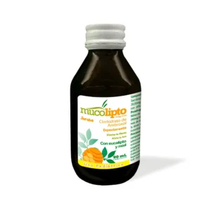 Mucolipto 15 mg/5 mL Solución Oral de uso pediátrico (Clorhidrato de Ambroxol), frasco de jarabe mucolítico para el alivio de la tos productiva, facilitando la expulsión de flemas y moco en niños.