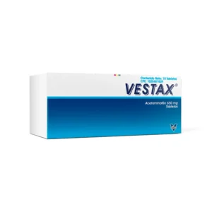 Vestax 650 mg Tabletas (Acetaminofén o Paracetamol), caja de analgésico y antipirético de dosis media-alta, para el alivio eficaz del dolor de cabeza, dolor muscular, dental, y para reducir la fiebre.