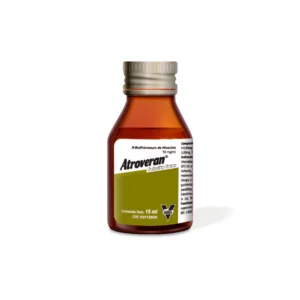 Atroveran 10 mg/mL Solución Gotas (N-Butil-Bromuro de Hioscina), frasco de medicamento antiespasmódico líquido para el tratamiento de cólicos y espasmos abdominales en bebés y niños pequeños.