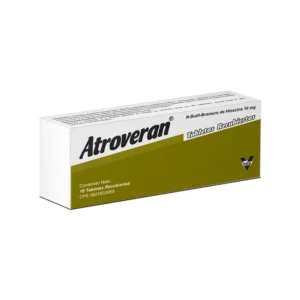 Atroveran 10 mg Tabletas Recubiertas (N-Butil-Bromuro de Hioscina), caja de medicamento antiespasmódico para aliviar los dolores tipo cólico, espasmos gastrointestinales y dolores menstruales.