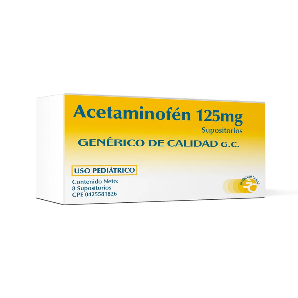 Acetaminofén (Paracetamol) 125 mg Supositorios de uso infantil, caja de medicamento analgésico y antipirético para el alivio de la fiebre y el dolor leve a moderado en bebés y niños pequeños.