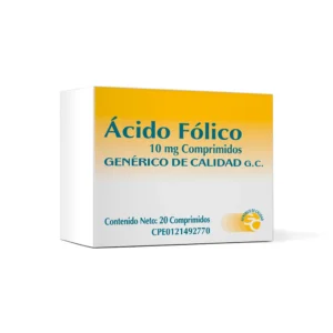 Envase de Ácido Fólico 10mg comprimidos de la marca Genérico de Calidad (GC), fabricado por Laboratorios Vargas, S.A. Contiene información de composición (incluyendo 90,80 mg de Lactosa Monohidratada), dosificación a juicio del facultativo y advertencias de uso delicado bajo vigilancia médica, indicando específicamente que no debe administrarse en pacientes con intolerancia a la lactosa o galactosa. Incluye el número de aprobación M.P.P.S. N° E.F.G. 33.347/11 y mención al Farmacéutico Patrocinante Dr. José S. Henríquez.