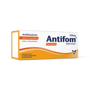 Antifom 125 mg Tabletas Masticables (Simeticona), caja de medicamento de alta potencia para el alivio de gases, hinchazón y molestias estomacales, fácil de tomar sin agua.