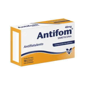Antifom 40 mg Comprimidos Recubiertos (Simeticona), caja de medicamento antiflatulento para el alivio sintomático de gases, distensión abdominal y dolor por exceso de aire en el intestino.