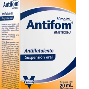 Antifom 80 mg/mL Suspensión Oral (Simeticona), frasco de medicamento líquido para el alivio rápido y efectivo de cólicos, gases y dolor abdominal en bebés y niños.
