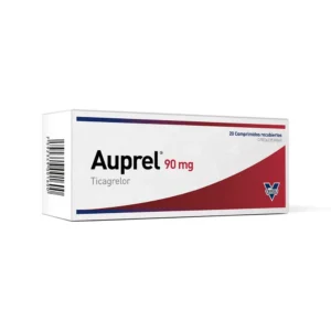 Auprel 90 mg Comprimidos Recubiertos (Ticagrelor), caja de medicamento antiagregante plaquetario para la prevención de eventos cardiovasculares como infarto agudo de miocardio y accidente cerebrovascular (ACV).