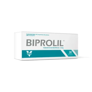 Biprolil 2,5 mg Comprimidos Recubiertos (Fumarato de Bisoprolol), caja de medicamento beta-bloqueante para el control de la hipertensión y el tratamiento de la angina de pecho o insuficiencia cardíaca.