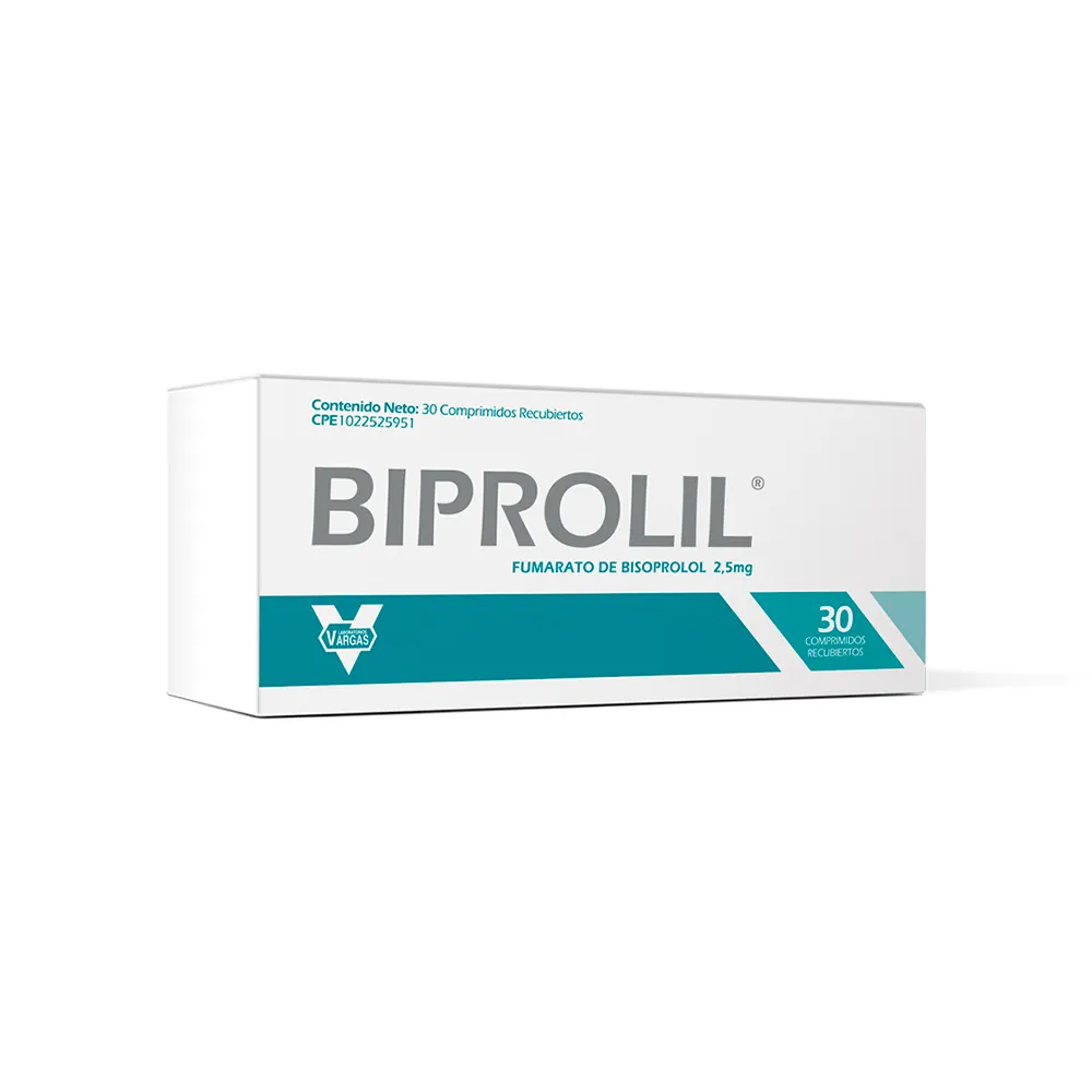 Biprolil 2,5 mg Comprimidos Recubiertos (Fumarato de Bisoprolol), caja de medicamento beta-bloqueante para el control de la hipertensión y el tratamiento de la angina de pecho o insuficiencia cardíaca.