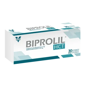 Biprolil HCT 5 mg / 6,25 mg Comprimidos Recubiertos (Bisoprolol e Hidroclorotiazida), caja de tratamiento combinado para la hipertensión arterial con dosis media de Bisoprolol.