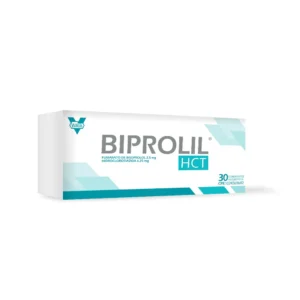 Biprolil HCT 2,5 mg / 6,25 mg Comprimidos Recubiertos (Bisoprolol e Hidroclorotiazida), caja de medicamento combinado para el tratamiento de la hipertensión arterial (presión alta) no controlada con monoterapia.
