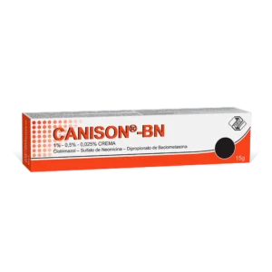 Canison-BN Crema 1% - 0,5% - 0,025% (Clotrimazol, Neomicina y Beclometasona), tubo de triple terapia dérmica para el tratamiento de infecciones cutáneas fúngicas y bacterianas complicadas con inflamación.