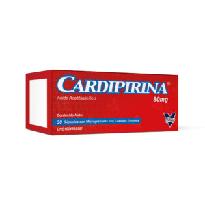 Cardipirina 80 mg Cápsulas con Microgránulos de Cubierta Entérica (Ácido Acetilsalicílico, AAS), envase de antiagregante plaquetario para la prevención de infartos, trombosis y eventos cardiovasculares, con protección gástrica.
