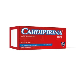 Cardipirina 80 mg Cápsulas con Microgránulos de Cubierta Entérica (Ácido Acetilsalicílico, AAS), envase de antiagregante plaquetario para la prevención de infartos, trombosis y eventos cardiovasculares, con protección gástrica.