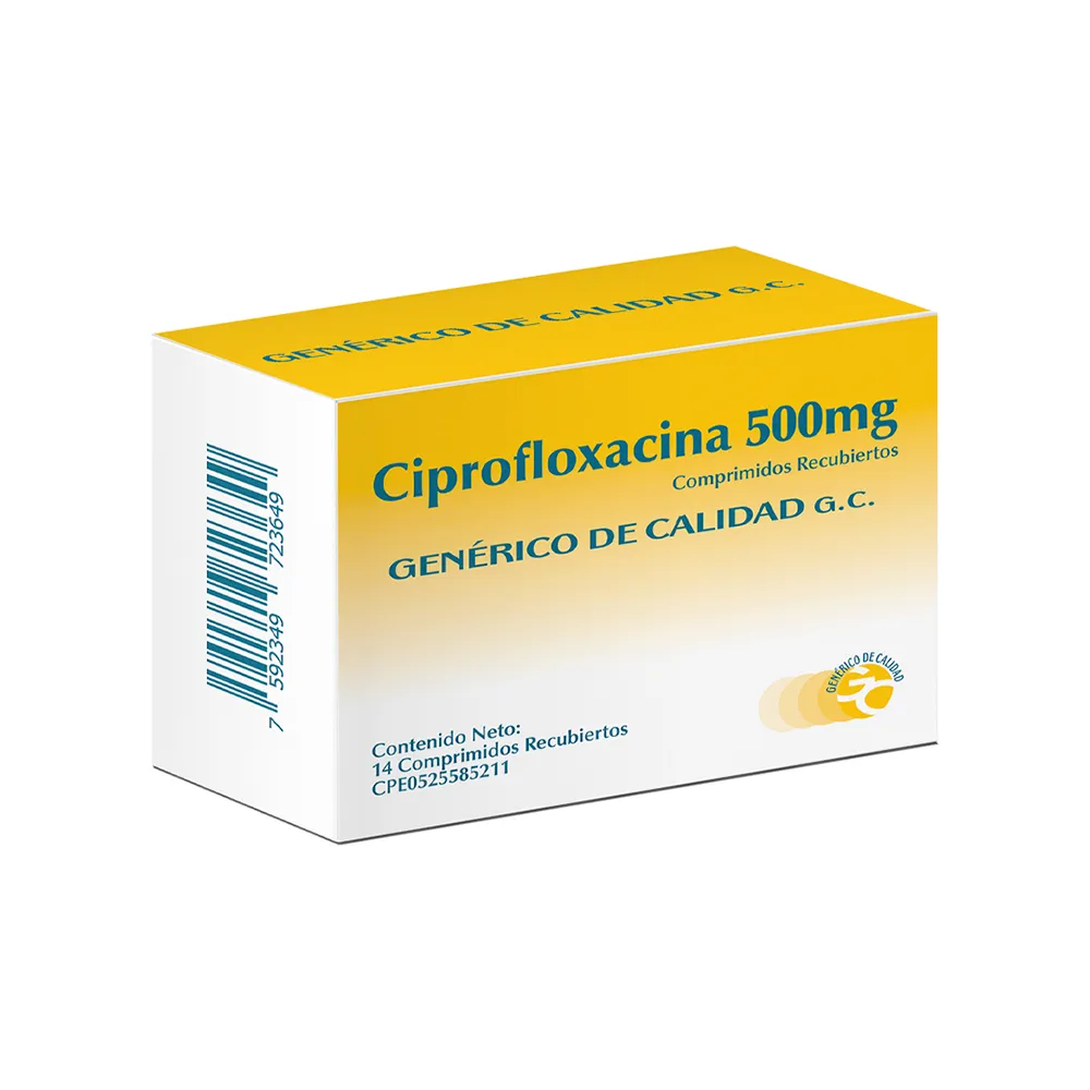 Ciprofloxacina 500 mg Comprimidos Recubiertos, caja de antibiótico de amplio espectro (quinolona) para el tratamiento de infecciones bacterianas severas de vías urinarias, respiratorias, piel y tejidos blandos.