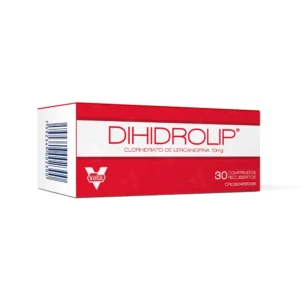 Dihidrolip 10 mg Comprimidos Recubiertos (Clorhidrato de Lercanidipina), caja de medicamento bloqueador de los canales de calcio para el tratamiento de la hipertensión arterial leve a moderada.