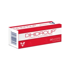 Dihidrolip 20 mg Comprimidos Recubiertos (Clorhidrato de Lercanidipina), caja con dosis máxima para el control de la hipertensión arterial (presión alta) no controlada con dosis más bajas.