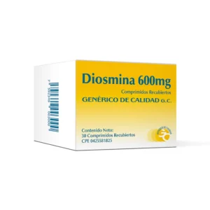 Diosmina 600 mg Comprimidos Recubiertos, envase de flebotónico para el tratamiento de la insuficiencia venosa crónica, varices, y alivio de síntomas como pesadez y dolor en las piernas.
