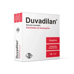Duvadilan 10 mg Comprimidos (Clorhidrato de Isoxsuprina), caja de medicamento vasodilatador periférico utilizado para el tratamiento de la amenaza de parto prematuro (tocolítico) y trastornos vasculares cerebrales.
