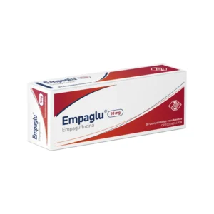 Empaglu 10 mg Comprimidos Recubiertos (Empagliflozina), caja de inhibidor SGLT2 para el tratamiento de la diabetes mellitus tipo 2 y para reducir el riesgo cardiovascular y la progresión de la insuficiencia cardíaca.