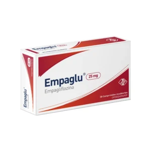 Empaglu 25 mg Comprimidos Recubiertos (Empagliflozina), caja de medicamento inhibidor SGLT2 de máxima dosis para el control glucémico en diabetes tipo 2 y la protección renal y cardiovascular.
