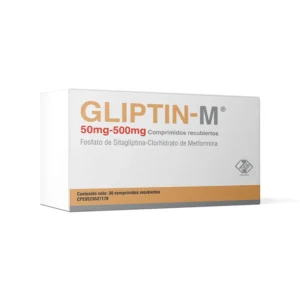 Gliptin-M 500 mg / 50 mg Comprimidos Recubiertos (Metformina y Sitagliptina), caja de medicamento combinado para el tratamiento de la diabetes mellitus tipo 2 y mejorar el control glucémico.