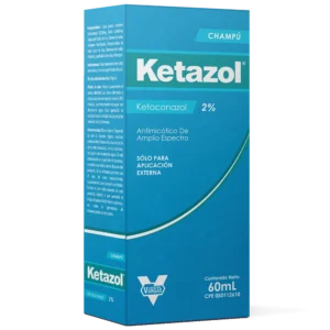 Ketazol 2% Champú (Ketoconazol), envase de tratamiento antifúngico para la caspa severa, dermatitis seborreica y tiña versicolor del cuero cabelludo.