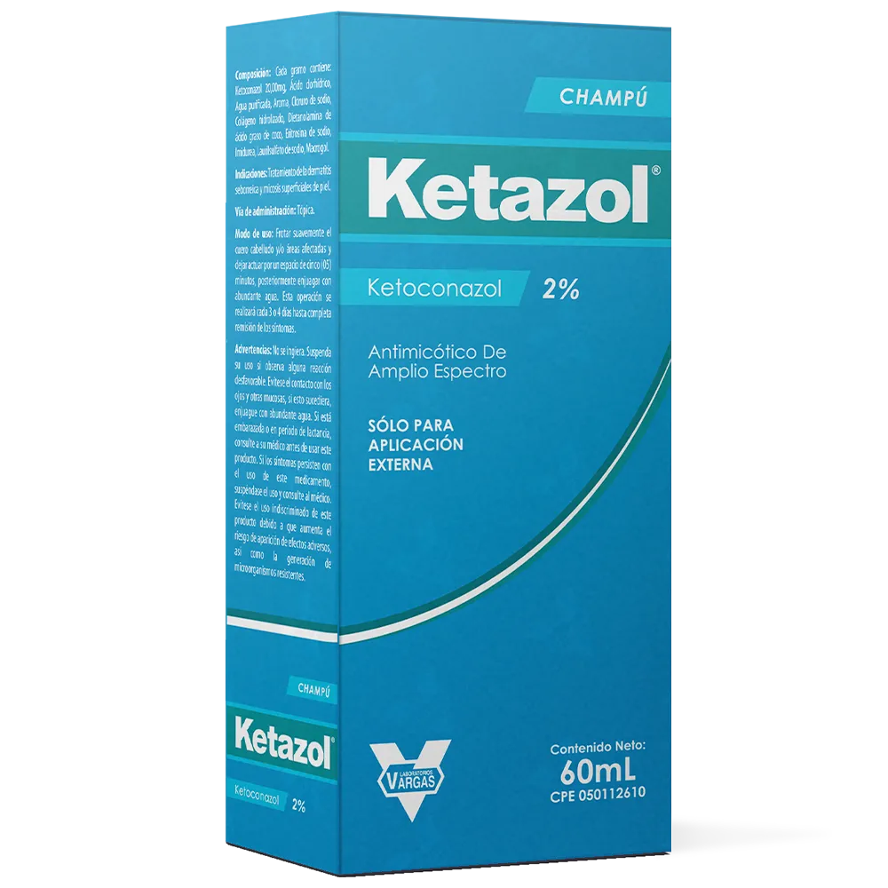 Ketazol 2% Champú (Ketoconazol), envase de tratamiento antifúngico para la caspa severa, dermatitis seborreica y tiña versicolor del cuero cabelludo.