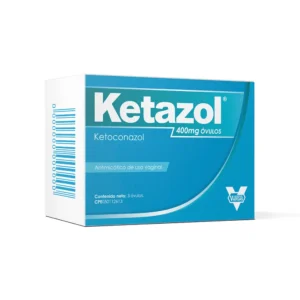 Ketazol 400 mg Óvulos (Ketoconazol), caja de medicamento antifúngico de alta dosis para el tratamiento de la candidiasis vaginal (infección por hongos) y vaginitis.