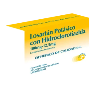 Losartán Potásico 100 mg con Hidroclorotiazida 12,5 mg Comprimidos Recubiertos, caja de medicamento combinado para el control de la hipertensión arterial severa o no responsiva, combinando un ARA II y un diurético.
