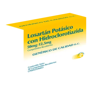 Losartán Potásico 50 mg con Hidroclorotiazida 12,5 mg Comprimidos Recubiertos, caja de medicamento combinado (ARA II + Diurético) para el tratamiento de la hipertensión arterial.