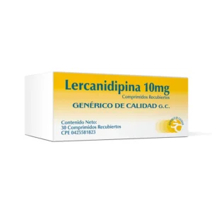 Lercanidipina 10 mg Comprimidos Recubiertos, caja de medicamento genérico bloqueador de los canales de calcio para el control de la hipertensión arterial (presión alta) leve a moderada.