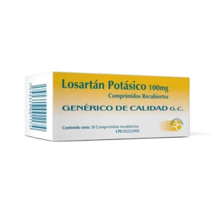 Losartán Potásico 100 mg Comprimidos Recubiertos, caja de medicamento genérico ARA II, la dosis máxima para el tratamiento de la hipertensión arterial severa y protección cardiovascular y renal.