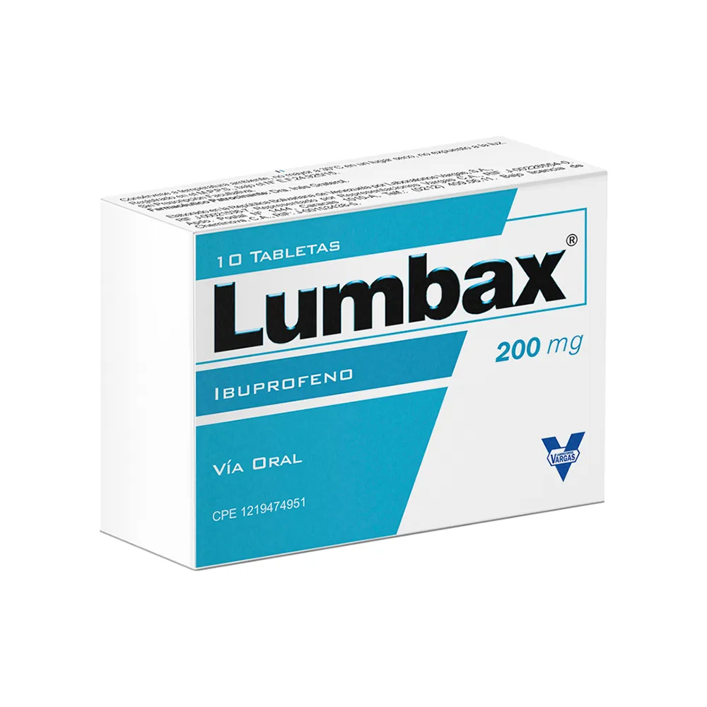 Lumbax 200 mg Tabletas (Ibuprofeno), caja de AINE de baja dosis para el alivio temporal del dolor leve a moderado, dolor de cabeza, dolor de muelas y para reducir la fiebre.