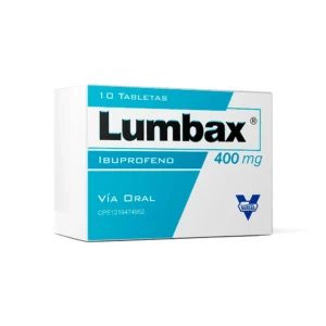 Lumbax 400 mg Tabletas (Ibuprofeno), caja de AINE para el alivio del dolor de intensidad moderada, inflamación, dolor de cabeza, dolor muscular y síntomas del resfriado.