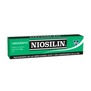 Niosilin Ungüento (Ácido Salicílico, Azufre y Ácido Benzoico), tubo de medicamento tópico con acción queratolítica y antifúngica para el tratamiento del pie de atleta, tiñas y otras afecciones fúngicas de la piel.