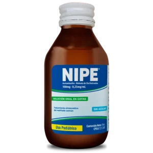 Nipe Solución Oral en Gotas 100 mg / 0,25 mg/mL (Acetaminofén y Clorfeniramina) para uso pediátrico, frasco de medicamento combinado para el alivio de la fiebre, dolor y síntomas de resfriado y alergias en bebés y niños.