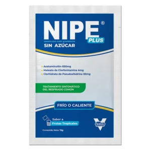Nipe Plus Granulado Sabor a Frutas Tropicales (Acetaminofén, Clorfeniramina y Pseudoefedrina), sobres de medicamento combinado en suspensión para el alivio de los síntomas fuertes de la gripe, incluyendo dolor, fiebre, secreción nasal y congestión.
