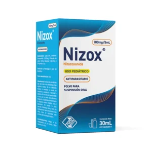 Nizox 100 mg/5 mL Polvo para Suspensión Oral (Nitazoxanida), frasco de antiparasitario de amplio espectro, indicado para el tratamiento de infecciones intestinales causadas por protozoarios y helmintos en niños y adultos.