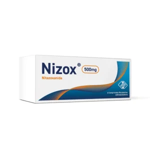 Nizox 500 mg Comprimidos Recubiertos (Nitazoxanida), caja de antiparasitario de amplio espectro, indicado para el tratamiento de infecciones intestinales y sistémicas causadas por protozoarios y helmintos en adultos.