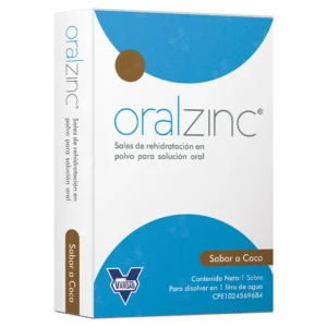 Oralzinc Sales de Rehidratación Oral con Zinc, sobres de polvo sabor Coco para el tratamiento de la deshidratación causada por diarrea y vómito, reponiendo electrolitos y líquidos en niños y adultos.